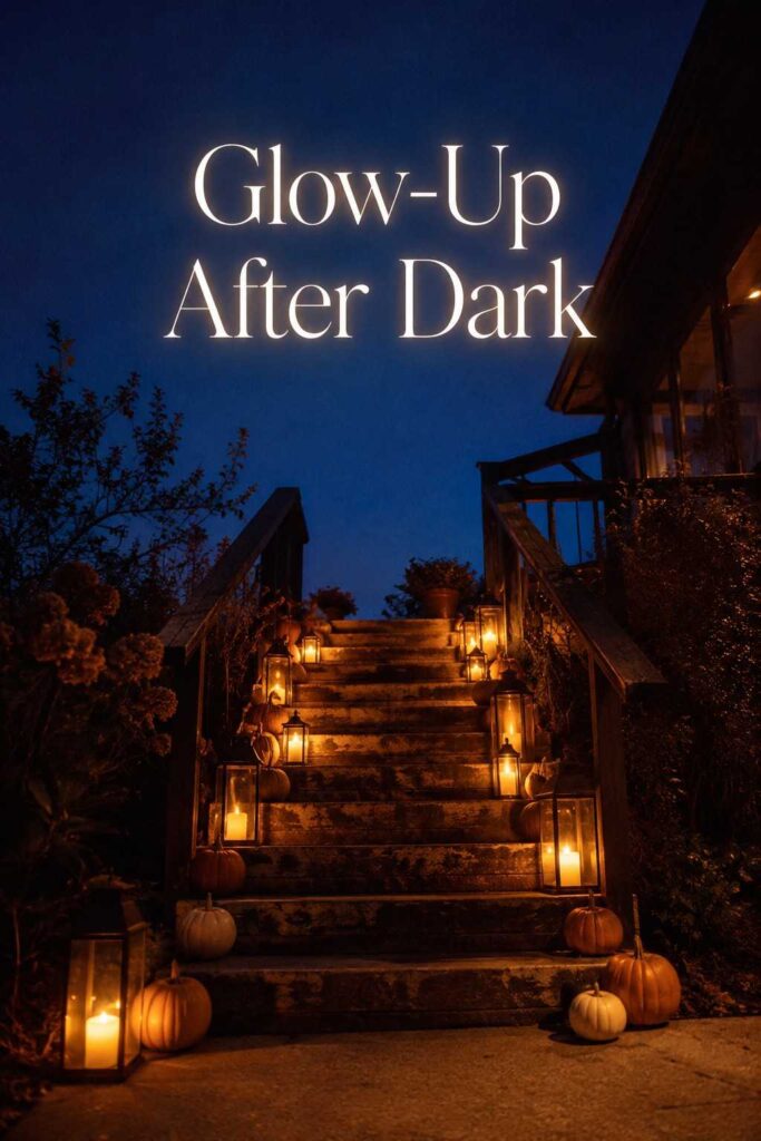 Top 21 Halloween Porch Decor Ideas for a Spooktacular Front Entry 4 Flickering lanterns line a dark porch staircase surrounded by small pumpkins and dried leaves at night.