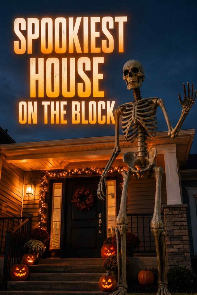 Top 21 Halloween Porch Decor Ideas for a Spooktacular Front Entry 2 A ten-foot skeleton decoration towers over a front porch decorated with string lights and jack-o-lanterns at dusk.