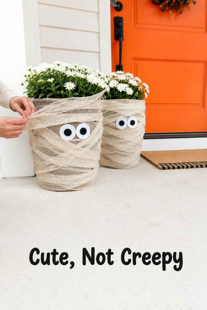 Top 21 Halloween Porch Decor Ideas for a Spooktacular Front Entry 3 Two porch planters wrapped in cheesecloth to resemble mummies sit beside a bright orange front door.