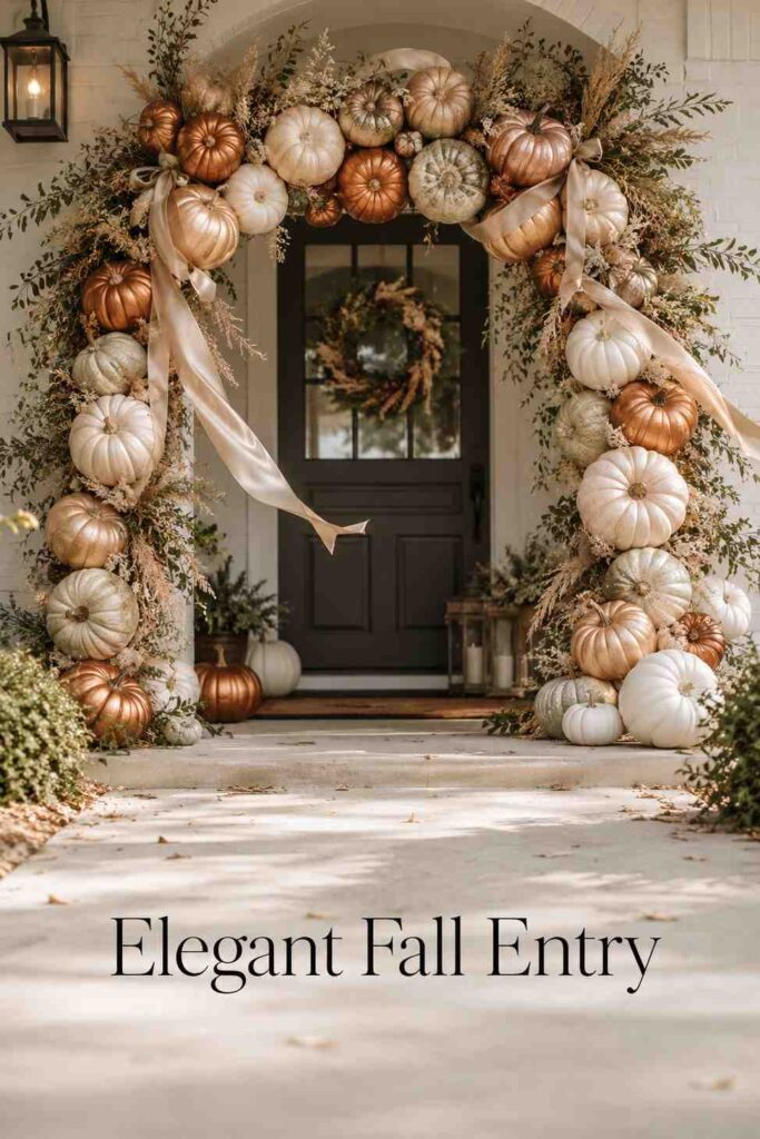 Top 21 Halloween Porch Decor Ideas for a Spooktacular Front Entry 5 A neutral copper and cream pumpkin archway frames a front door decorated with dried wheat stalks and greenery.