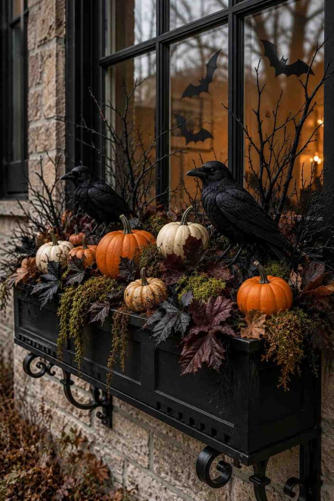 Stunning 23 Halloween Window Decoration Ideas for a Spooky, Stylish Home 7 Outdoor Halloween window box with decorative ravens, branches, moss, and miniature pumpkins