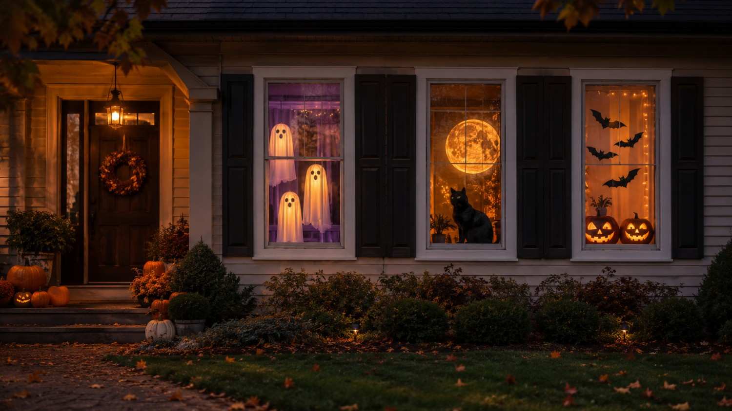 Halloween window decoration ideas with glowing ghosts, bats, pumpkins, and a black cat moon scene