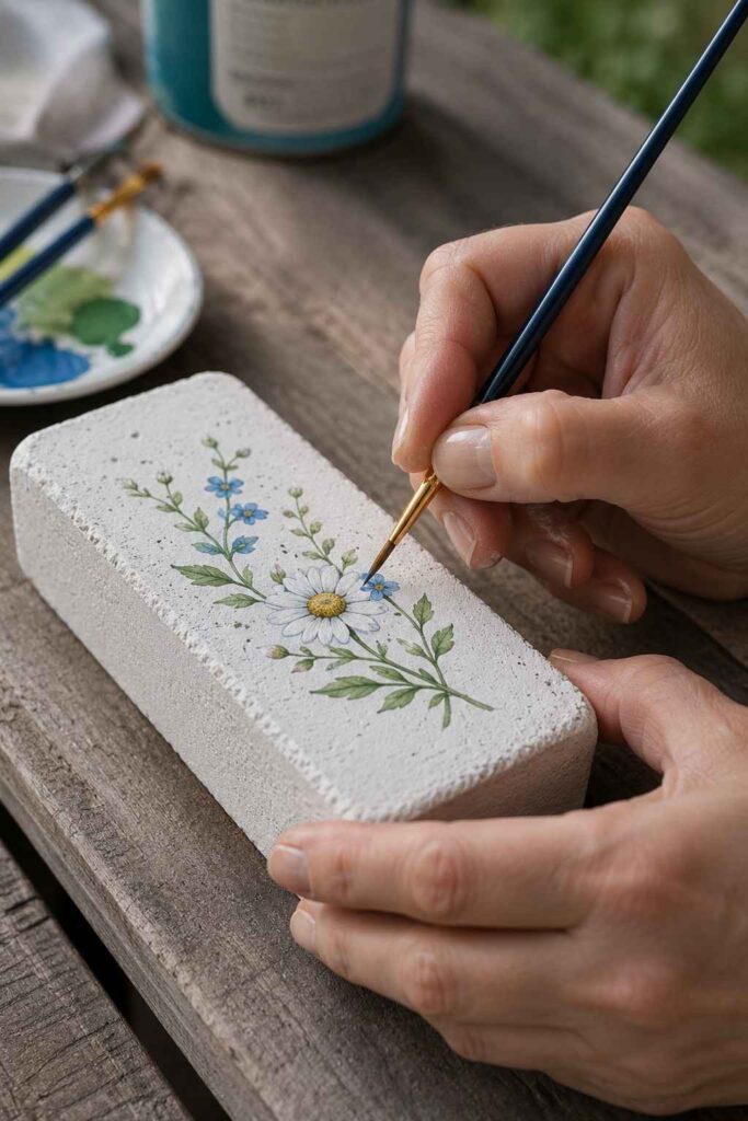 15+ Painted Brick Craft Ideas: The Complete Guide to Turning Old Bricks Into Beautiful Art 4 Hands painting a floral design on a primed brick step by step
