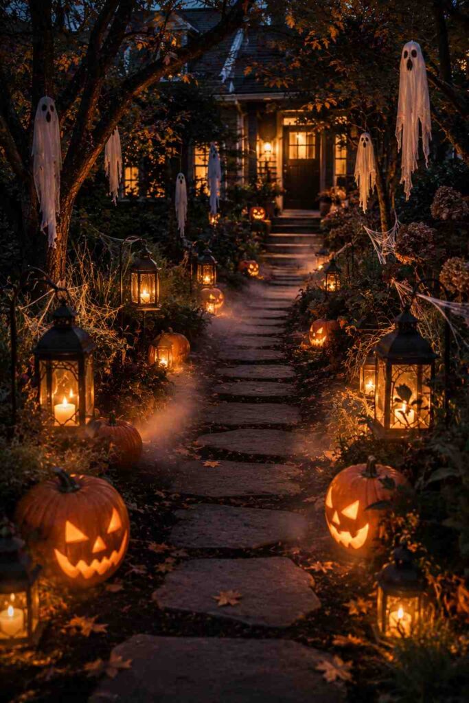 Top 20 Spooky Halloween Outdoor Ideas to Transform Your Yard This Fall 7 Haunted garden path lined with glowing pumpkins, lanterns, ghosts, and low fog