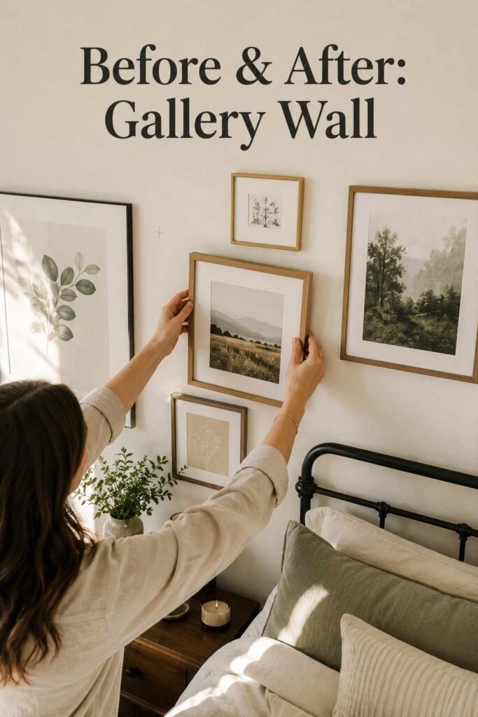 Stylish and Inspiring 23 Bedroom Decor Ideas to Transform Your Space in 2026 5 Hands hang a framed print as part of a small gallery wall, showing one of the most personal inspiring bedroom decor ideas.