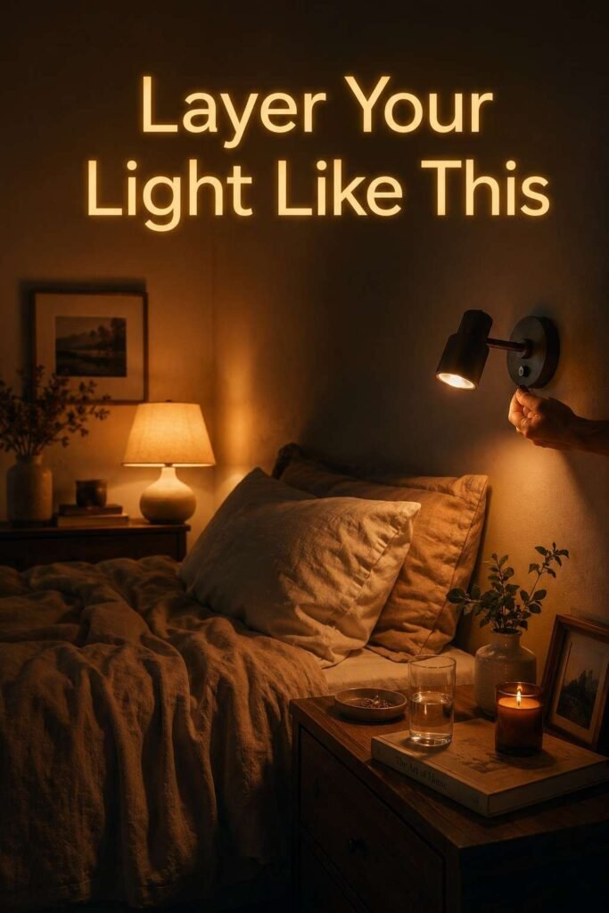 Stylish and Inspiring 23 Bedroom Decor Ideas to Transform Your Space in 2026 3 A hand adjusts a warm bedside sconce at night, illustrating how inspiring bedroom decor ideas use layered lighting for ambiance.