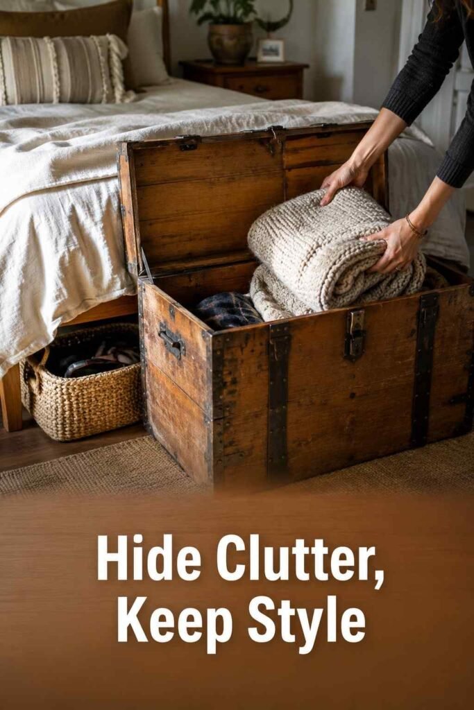 Stylish and Inspiring 23 Bedroom Decor Ideas to Transform Your Space in 2026 4 Hands fold a blanket into a vintage trunk at the foot of a bed, one of the practical inspiring bedroom decor ideas for smart storage.
