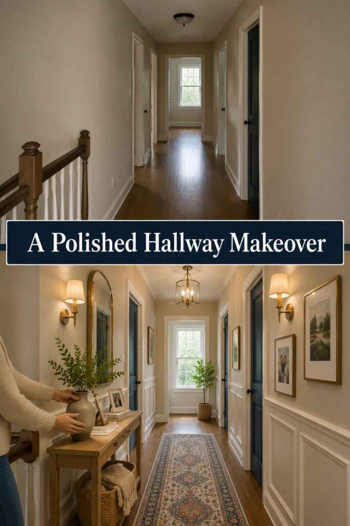 Inspiring 21 Upstairs Hallway Ideas to Brighten an Overlooked Space 5 A before-and-after comparison shows a plain upstairs corridor transformed with molding, artwork, lighting, a runner, and painted doors.