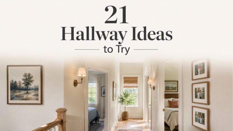 A bright upstairs hallway with framed artwork, a patterned runner, oak flooring, wall sconces, and open bedroom doors.