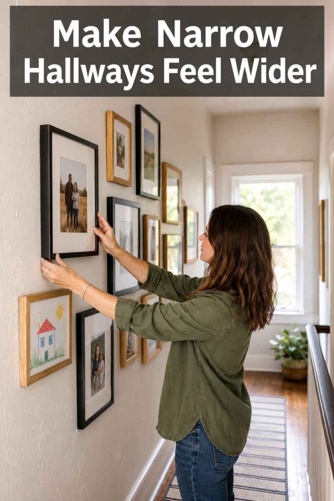 Inspiring 21 Upstairs Hallway Ideas to Brighten an Overlooked Space 2 A homeowner adjusts family photographs on a gallery wall above a striped runner in a narrow upstairs hallway.