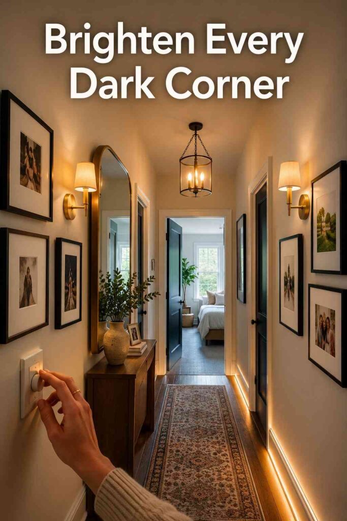 Inspiring 21 Upstairs Hallway Ideas to Brighten an Overlooked Space 3 A homeowner adjusts a dimmer in an upstairs hallway illuminated by sconces, a pendant light, a mirror, and baseboard lighting.