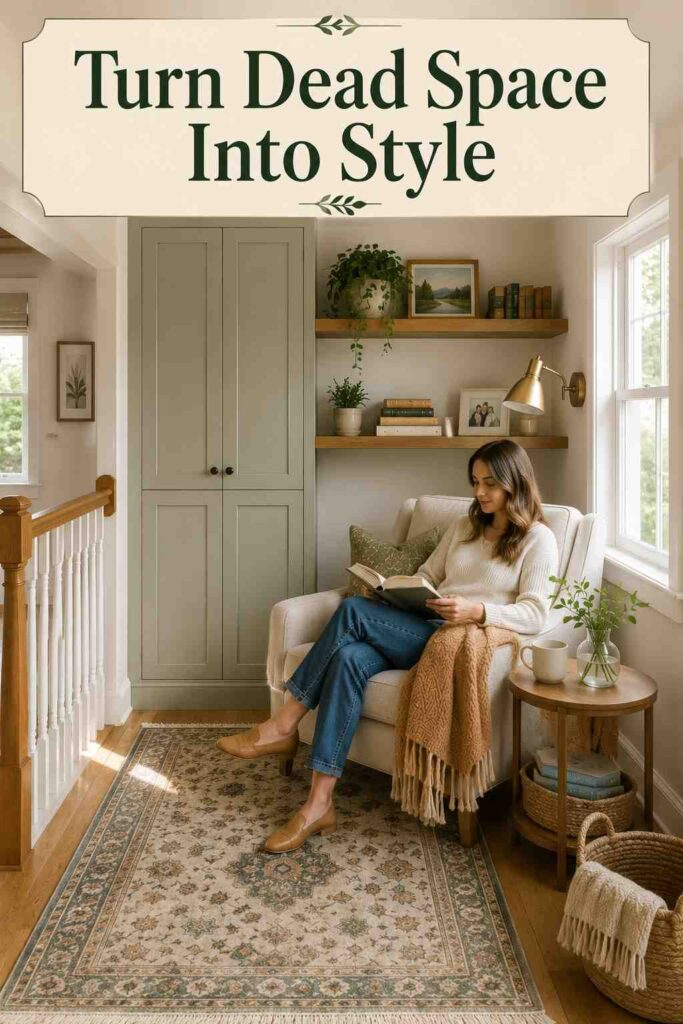 Inspiring 21 Upstairs Hallway Ideas to Brighten an Overlooked Space 4 A bright upstairs landing includes closed storage, a reading chair, bookshelves, a lamp, and a person reading beside the window.