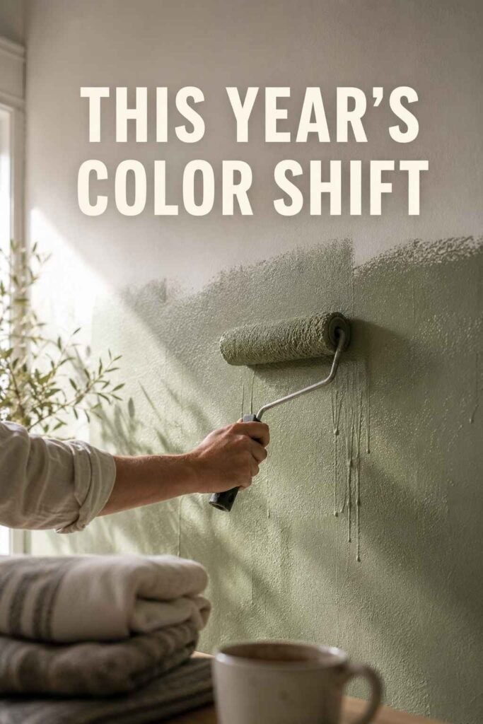 Modern 22 Living Room Interior Ideas to Transform Your Space in 2026 3 A hand rolls sage-green paint onto a living room accent wall beside a stack of folded linen throws.
