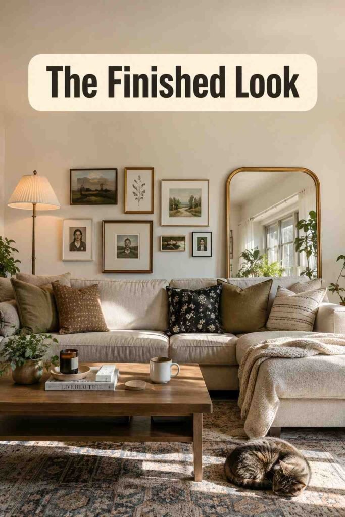 Modern 22 Living Room Interior Ideas to Transform Your Space in 2026 5 A finished living room with layered textures, a gallery wall, and warm lighting arranged for guests.
