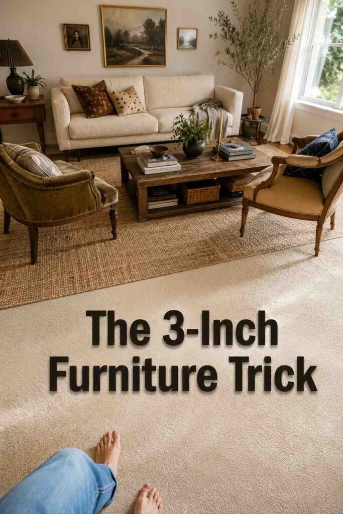 Modern 22 Living Room Interior Ideas to Transform Your Space in 2026 2 A neutral sofa floated a few inches from the wall with a large area rug anchoring a sunlit living room.