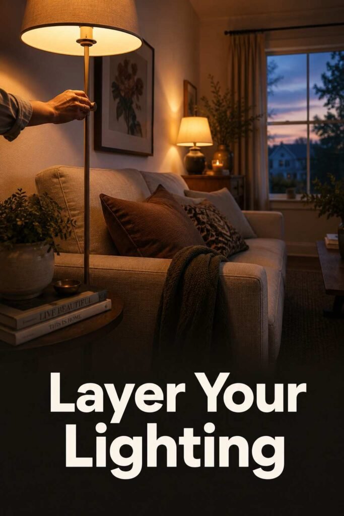 Modern 22 Living Room Interior Ideas to Transform Your Space in 2026 4 A warm floor lamp glows beside a linen sofa as evening light fades in a softly lit living room.