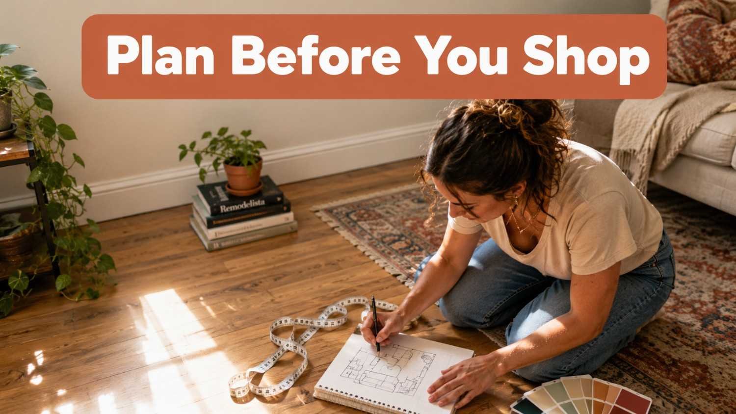 A woman kneels on a living room floor sketching a furniture layout beside a tape measure and paint swatches.