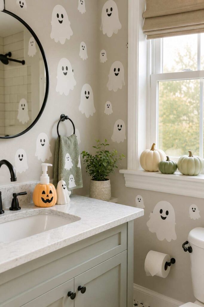 Creative 24 Bathroom Halloween Decor Ideas to Transform Your Space This Spooky Season 6 Friendly ghost decals and pastel pumpkins in a kid-friendly Halloween bathroom decor setup