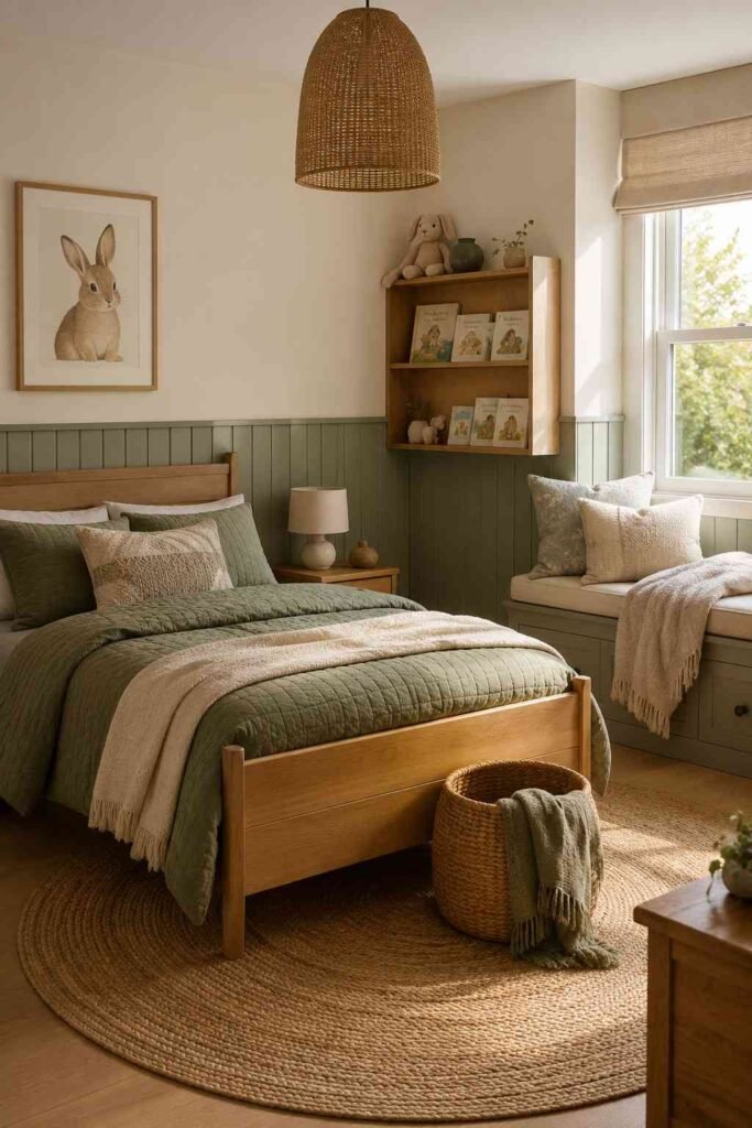 Stylish 20 Kids Bedroom Ideas That Are Fun, Functional, and Built to Grow With Your Child 2 Corner view of sage green kids bedroom with oak bed and window seat — layout idea for a kids bedroom