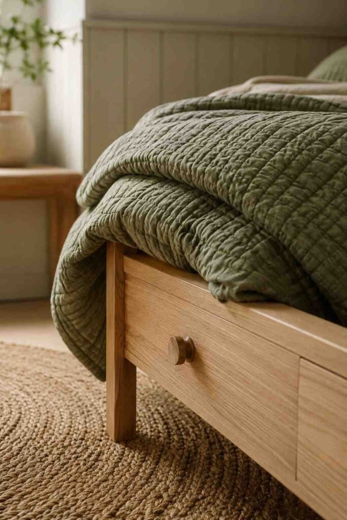 Stylish 20 Kids Bedroom Ideas That Are Fun, Functional, and Built to Grow With Your Child 3 Close-up of quilted sage green bedding and oak bed frame — kids bedroom idea material detail