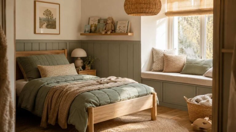 Soft Scandinavian kids bedroom with oak bed, sage bedding, and jute rug — warm neutral kids bedroom idea