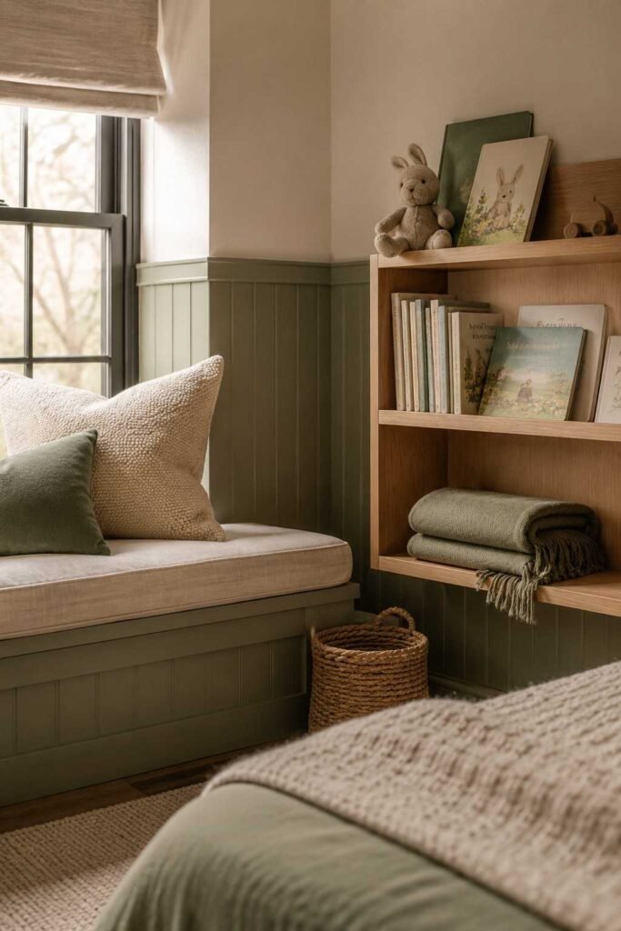 Stylish 20 Kids Bedroom Ideas That Are Fun, Functional, and Built to Grow With Your Child 4 Window seat reading nook with oak bookshelf in a sage green kids bedroom idea