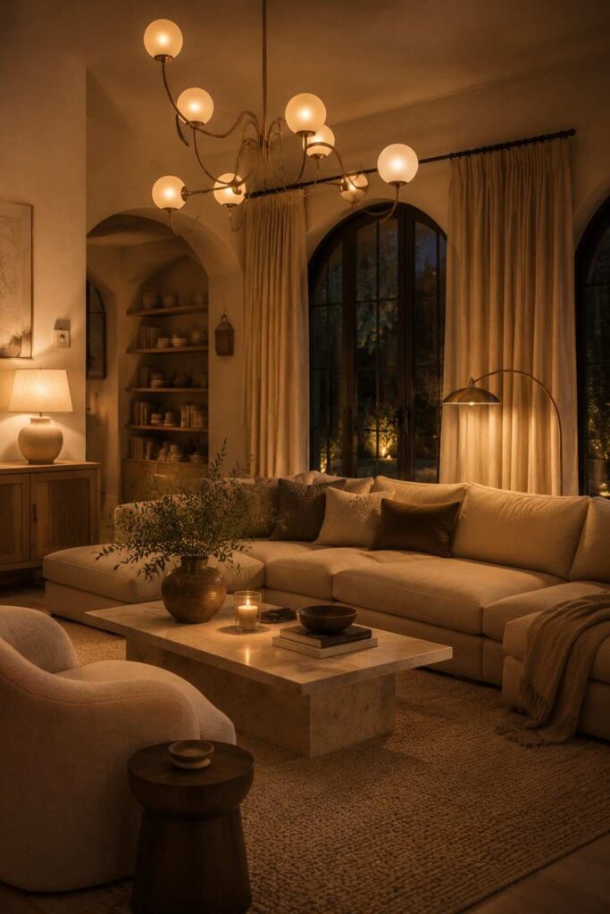 12 Luxury Beige Living Room Ideas for a Timeless, High-End Look 5 Layered chandelier and lamp lighting in a warm neutral living room