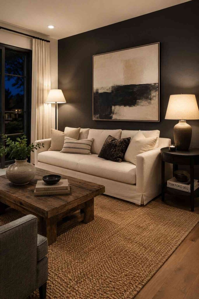 15 Room Makeover Inspiration Ideas to Transform Any Space in Your Home 3 Living room makeover inspiration with a charcoal accent wall and layered lighting