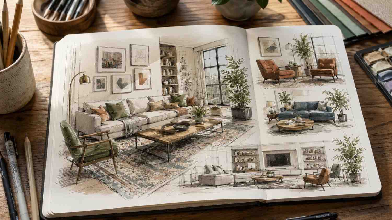 Living room decor drawing ideas showing stylish interior sketches and furniture layouts