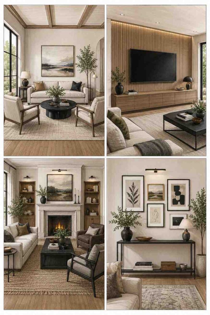 Top 24 Living Room Decor Drawing Ideas for Stylish, Practical Spaces 4 Living room sketches with conversation seating, TV wall, fireplace, and gallery wall