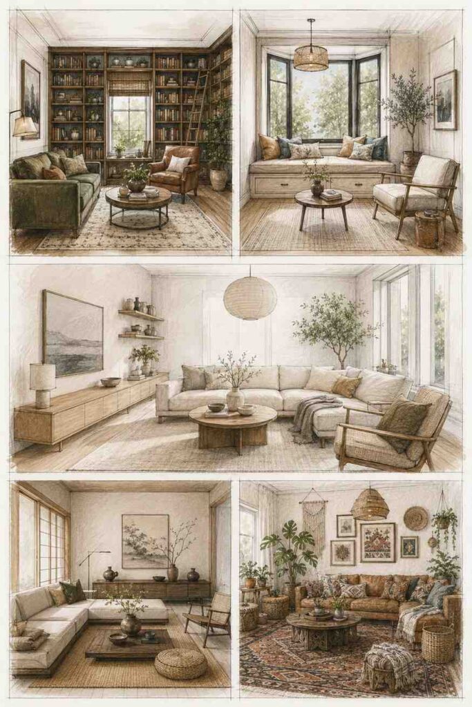 Top 24 Living Room Decor Drawing Ideas for Stylish, Practical Spaces 5 Library, Scandinavian, Japandi, and bohemian living room interior sketches