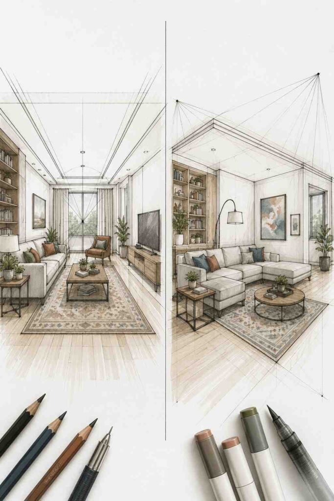 Top 24 Living Room Decor Drawing Ideas for Stylish, Practical Spaces 2 One-point and two-point perspective living room drawing examples
