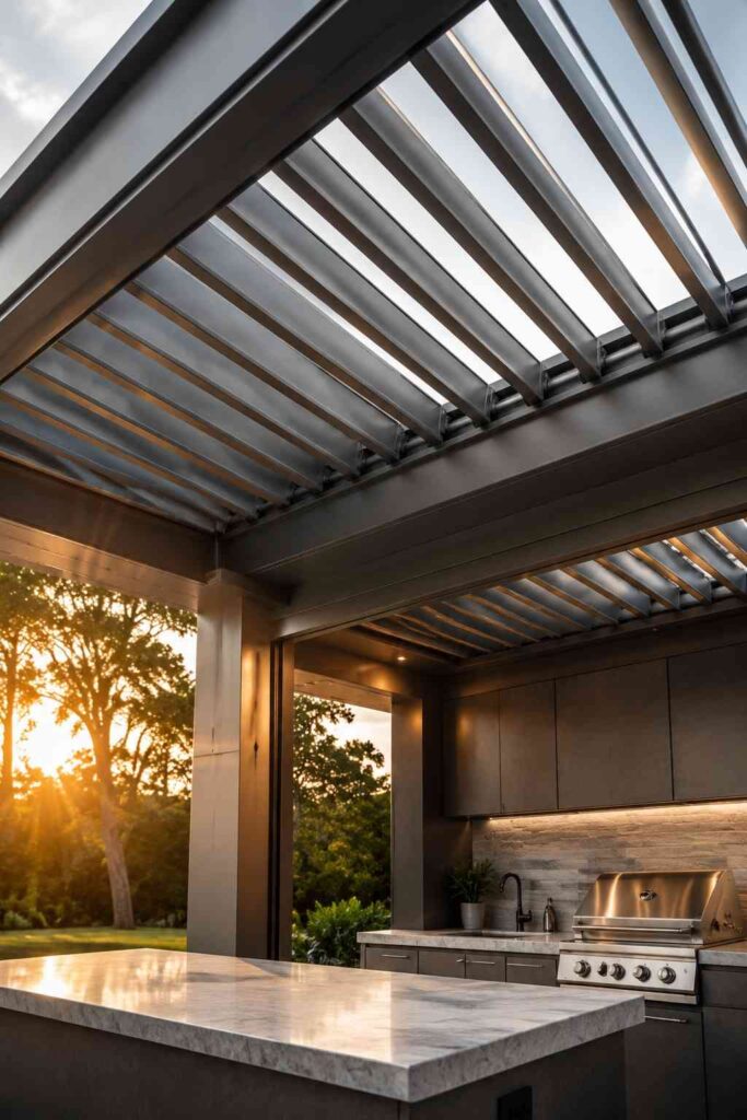 12 Covered Outdoor Kitchen Ideas for a Backyard You'll Actually Use All Year 6 Adjustable louvered roof system over a covered outdoor kitchen