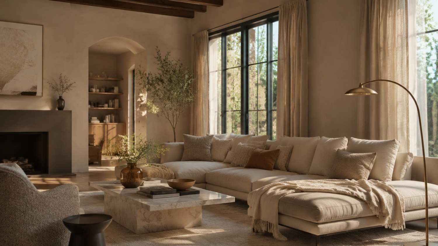 Luxury beige living room with layered neutral tones and brass accents