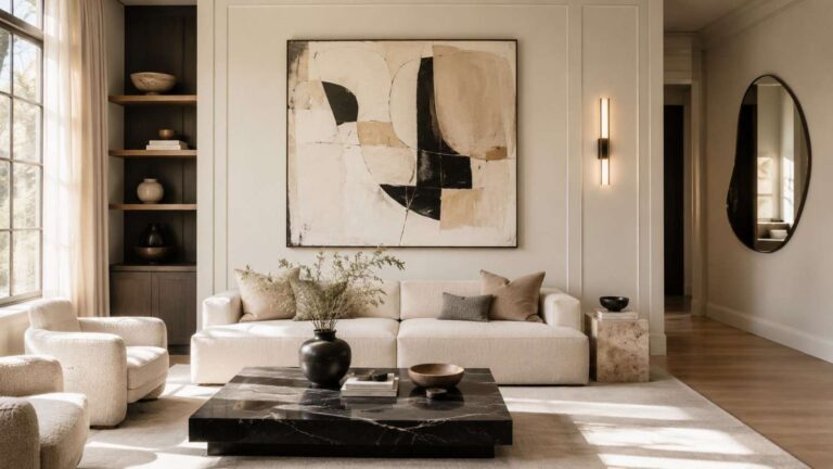 Luxury wall decor ideas in an elegant living room with oversized art and a sculptural mirror