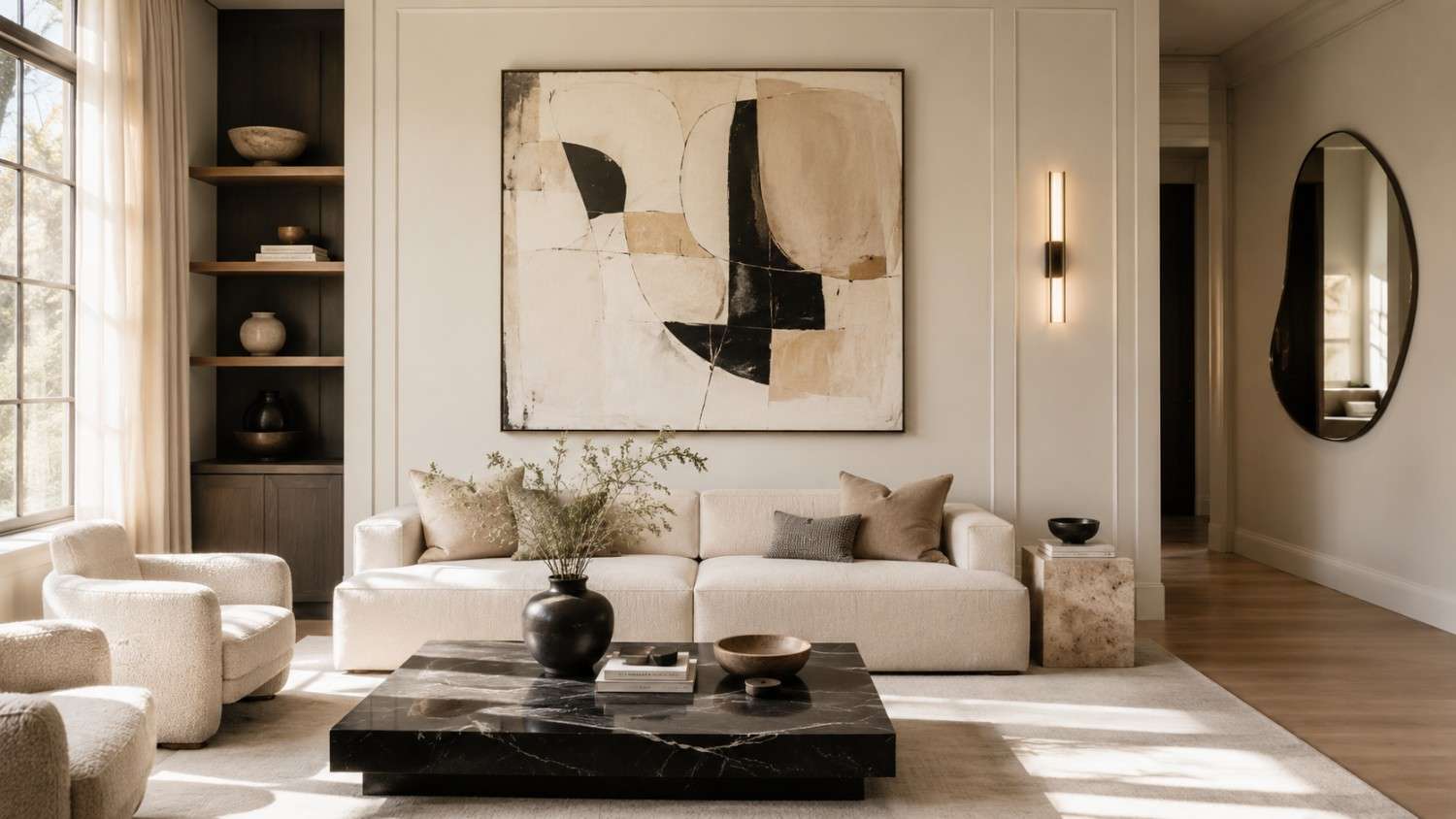 Luxury wall decor ideas in an elegant living room with oversized art and a sculptural mirror