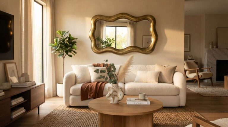 Luxury wavy mirror decor idea with brass frame above a cream sofa in a modern living room
