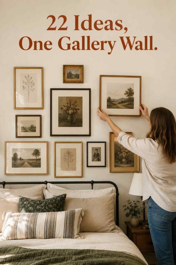 Top 22 Master Bedroom Ideas to Design a Retreat You Never Want to Leave 5 Hands hanging a framed print as part of a curated gallery wall above a master bedroom bed.
