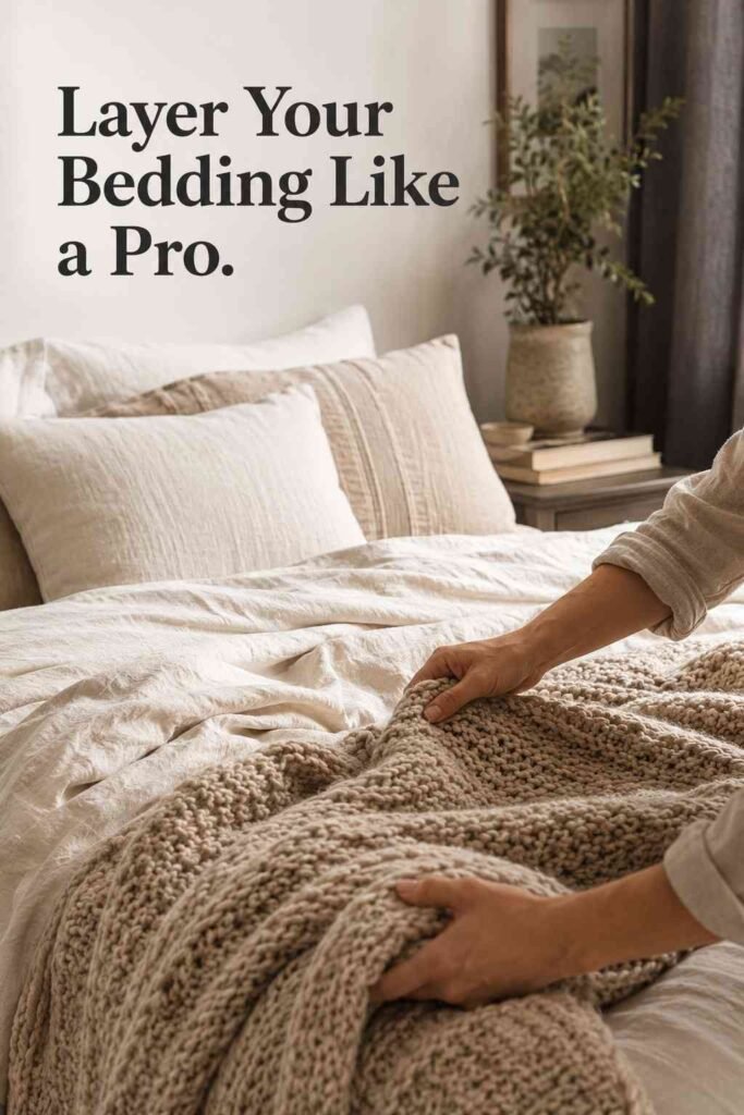 Top 22 Master Bedroom Ideas to Design a Retreat You Never Want to Leave 3 Close-up of hands arranging a chunky knit throw and textured pillows on a neutral bed for a layered master bedroom look.