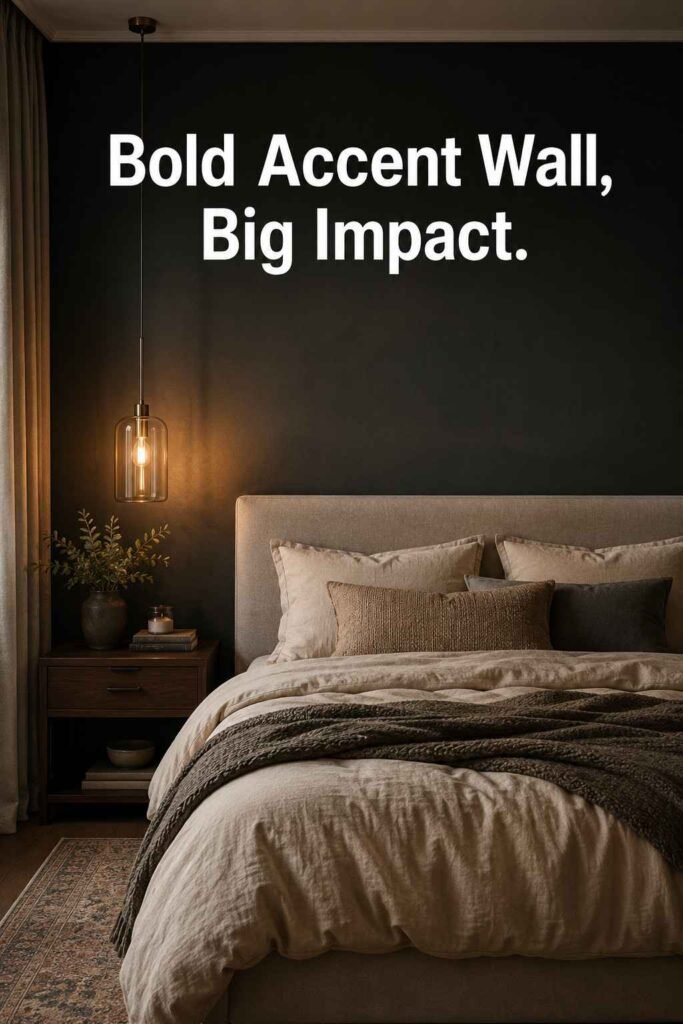 Top 22 Master Bedroom Ideas to Design a Retreat You Never Want to Leave 2 A charcoal accent wall behind an upholstered headboard, lit by a warm pendant light, in a modern master bedroom.
