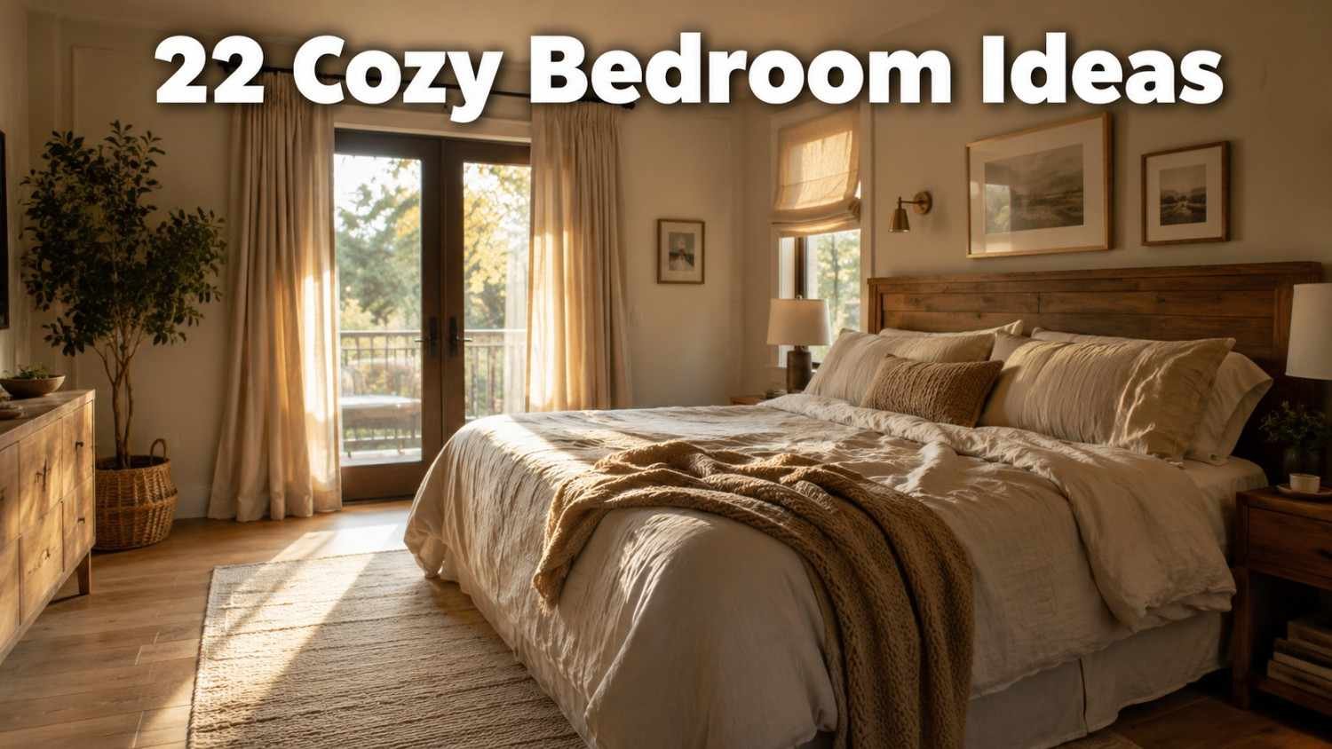 A sunlit master bedroom styled with warm neutral bedding, linen curtains, and a wood headboard for a cozy, lived-in look.