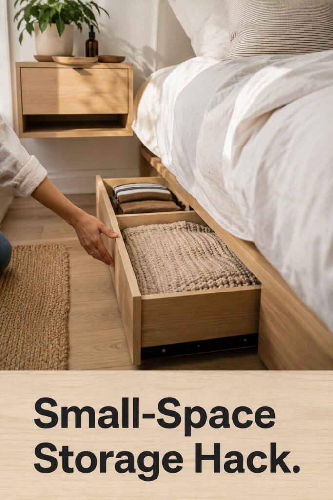 Top 22 Master Bedroom Ideas to Design a Retreat You Never Want to Leave 4 A hand pulling open an under-bed storage drawer in a small master bedroom with a floating nightstand.