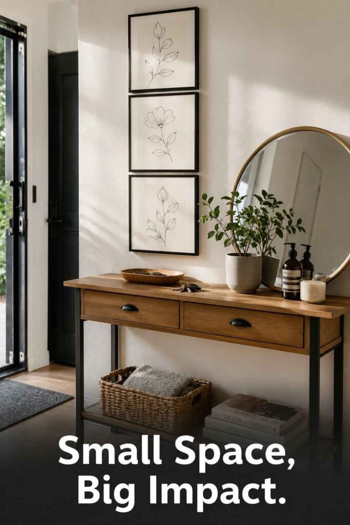 Trendy 25 Modern Entryway Drawing Ideas to Transform Your Foyer in 2026 4 A vertical triptych line drawing hangs above a console table styled with a mirror, plant, and keys near the front door.
