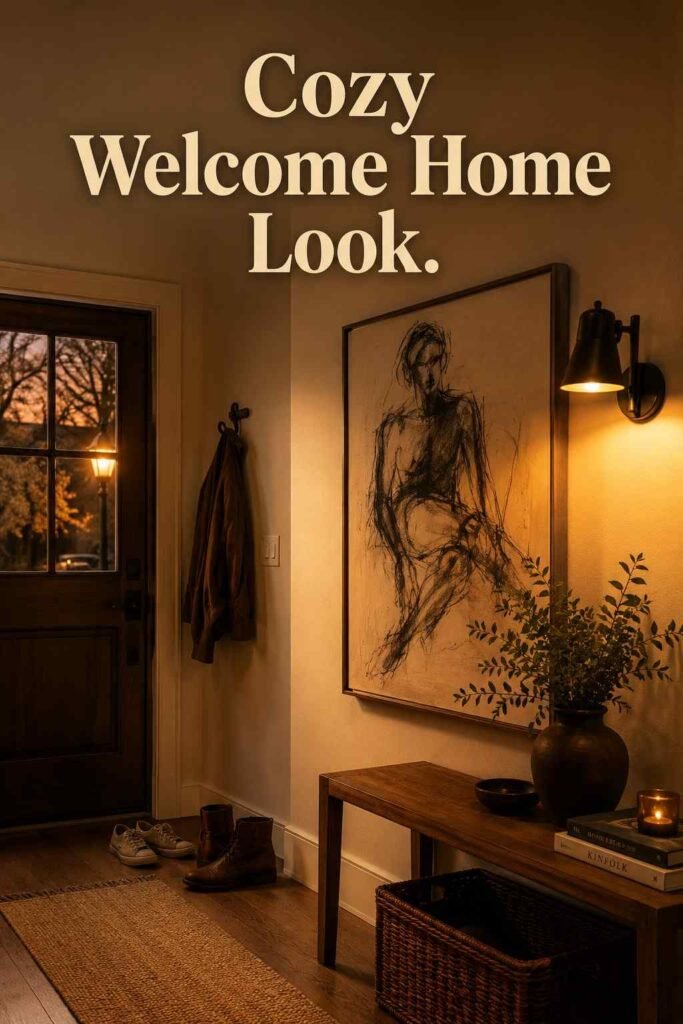 Trendy 25 Modern Entryway Drawing Ideas to Transform Your Foyer in 2026 5 Warm sconce lighting highlights a bold charcoal sketch in a cozy entryway with a coat hanging nearby.