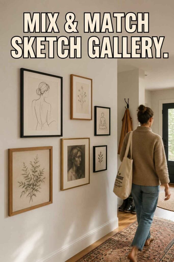 Trendy 25 Modern Entryway Drawing Ideas to Transform Your Foyer in 2026 3 A gallery wall of five mixed sketch frames lines a narrow hallway as someone walks past carrying a tote bag.