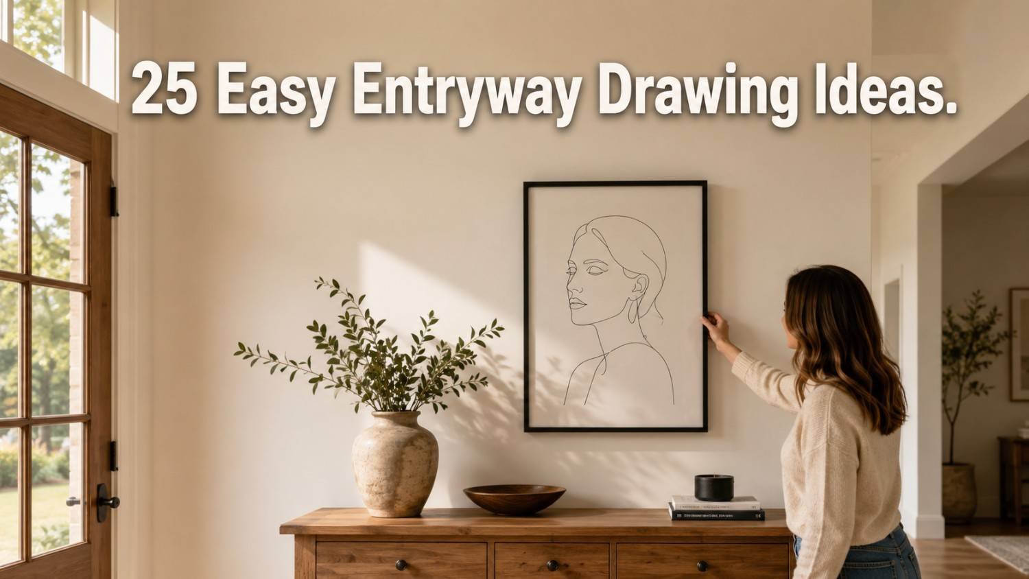 A minimalist line-art portrait sketch hangs above a wooden console table in a bright modern entryway.