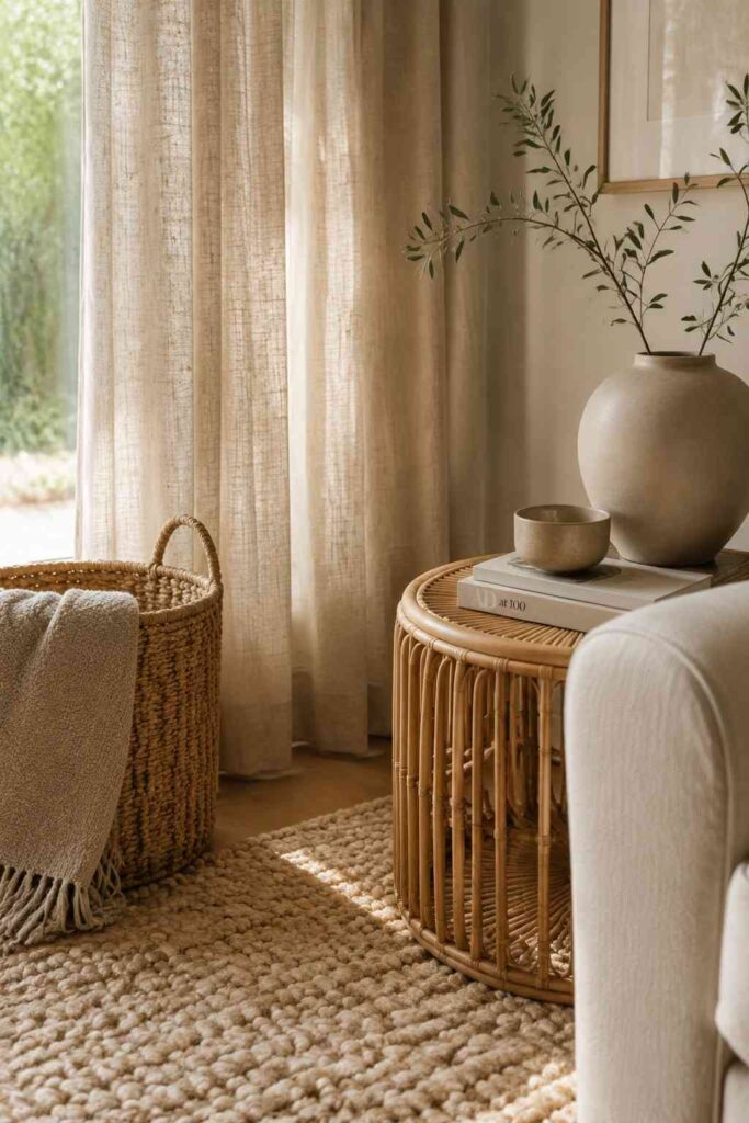 12 Luxury Beige Living Room Ideas for a Timeless, High-End Look 4 Linen, wool, and rattan textures layered in a beige living room