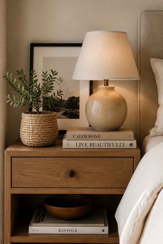 15 Cozy Neutral Bedroom Ideas for a Calm, Restful Retreat 5 Styled neutral bedroom nightstand with plant, art, and warm ceramic lamp