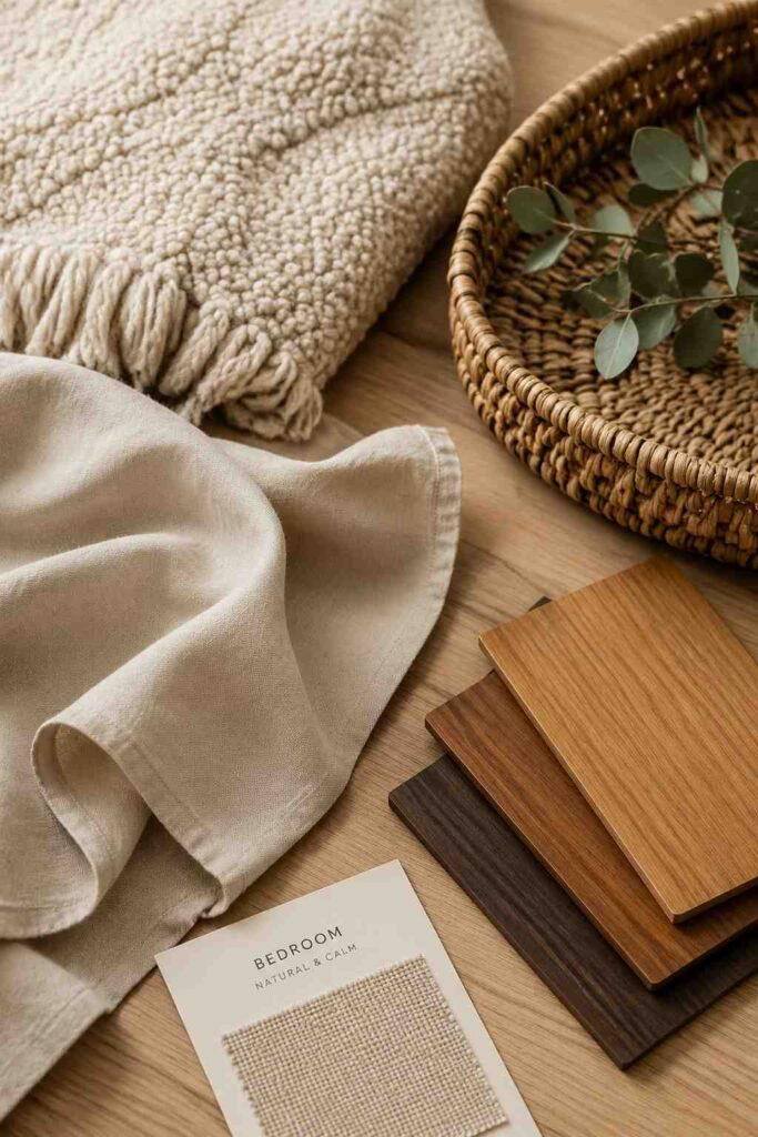 15 Cozy Neutral Bedroom Ideas for a Calm, Restful Retreat 2 Layered neutral bedroom textures including wool, linen, rattan, and mixed wood tones