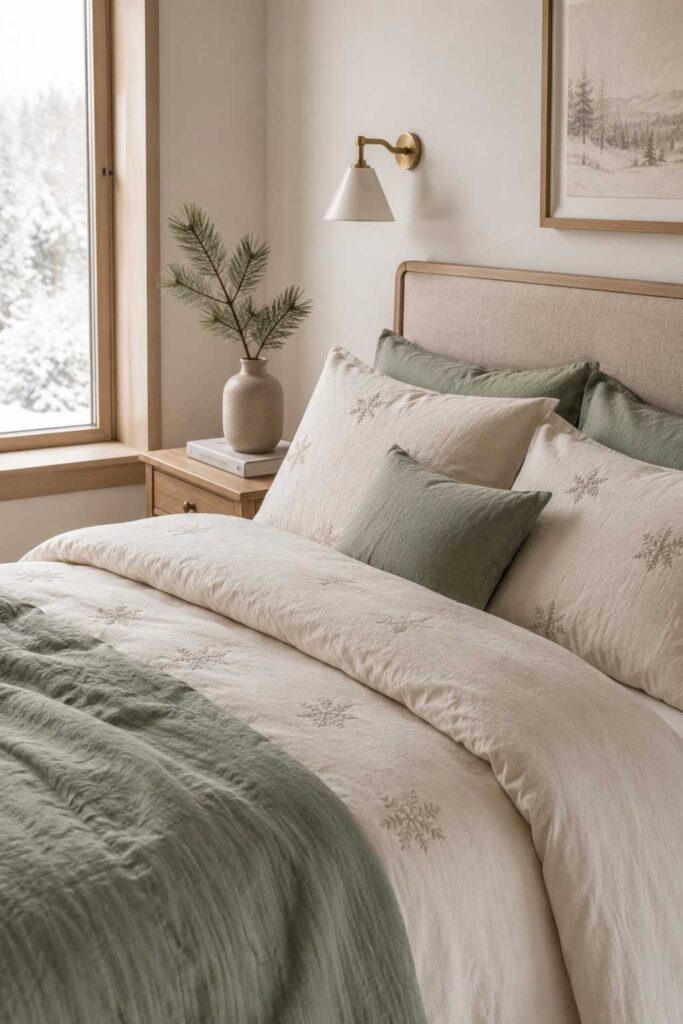 Top 9 Cozy Christmas Bedding Set Ideas to Transform Your Bedroom This Holiday Season 5 Neutral Scandinavian-style cozy Christmas bedding set in cream and sage tones